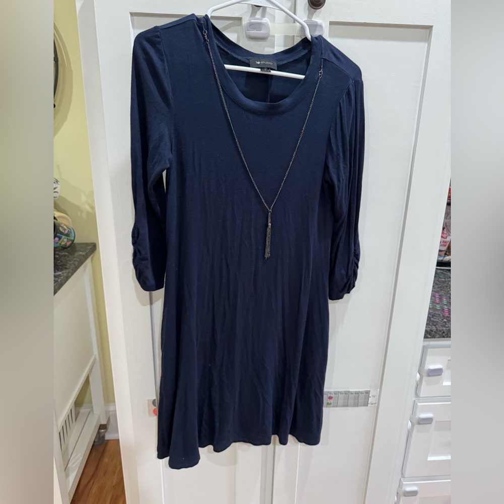 AB Studio Navy Long Sleeve A-Line Midi Dress